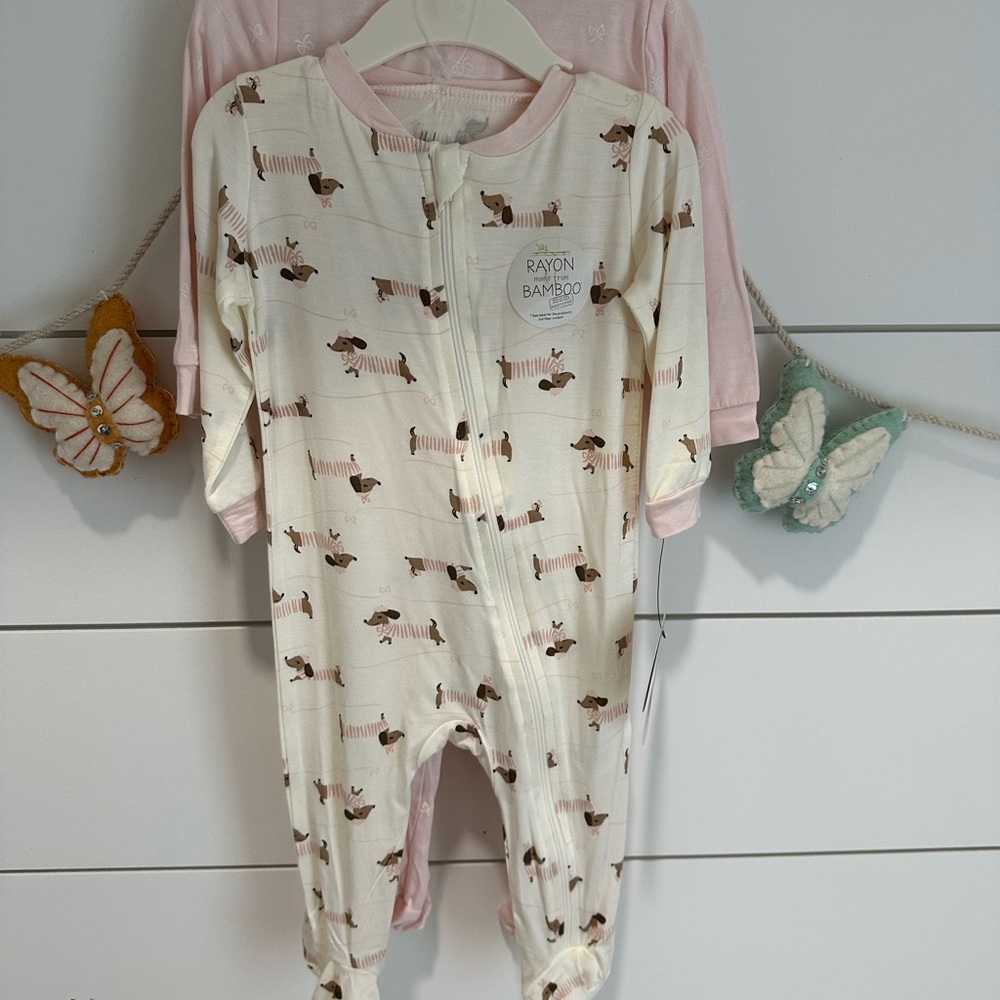 NWT 2-pack MilkBerry One Piece footie zipper Pajama dachshund and bows prints